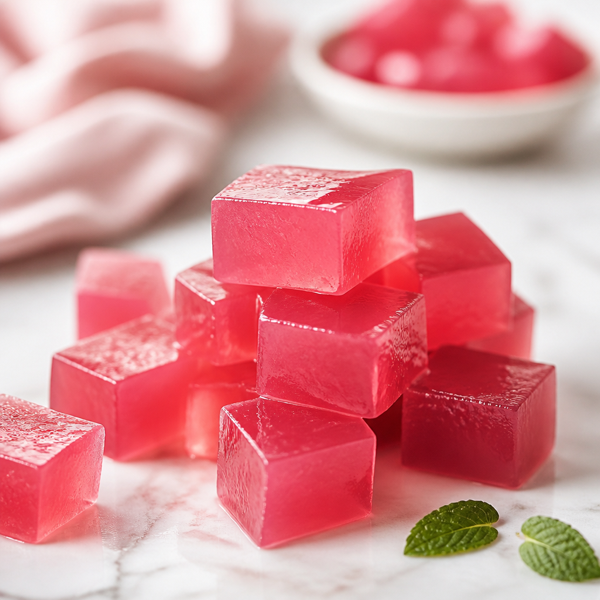Gelatina Mounjaro rosa em cubos